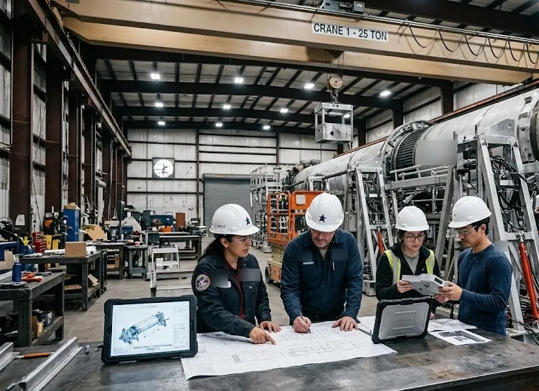 Equipo de ingenieros revisando planos junto a un depósito de lanzador en la nave