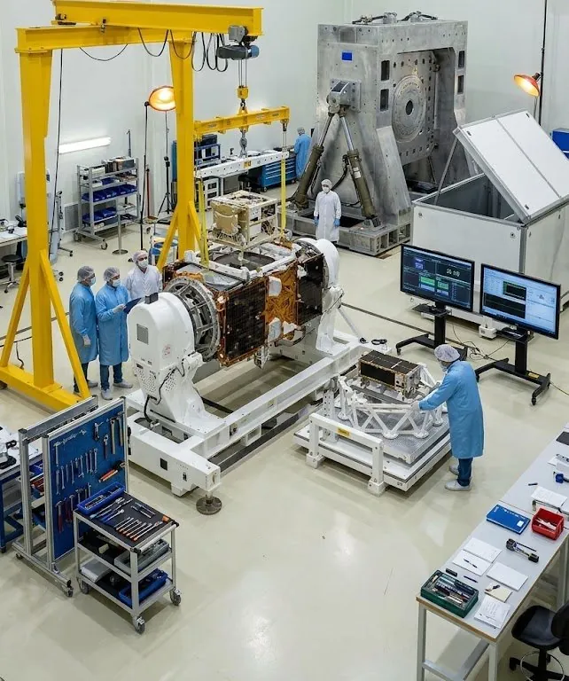 Satélite sobre su MGSE de integración en una sala limpia, con pórtico de izado y equipos de ensayo