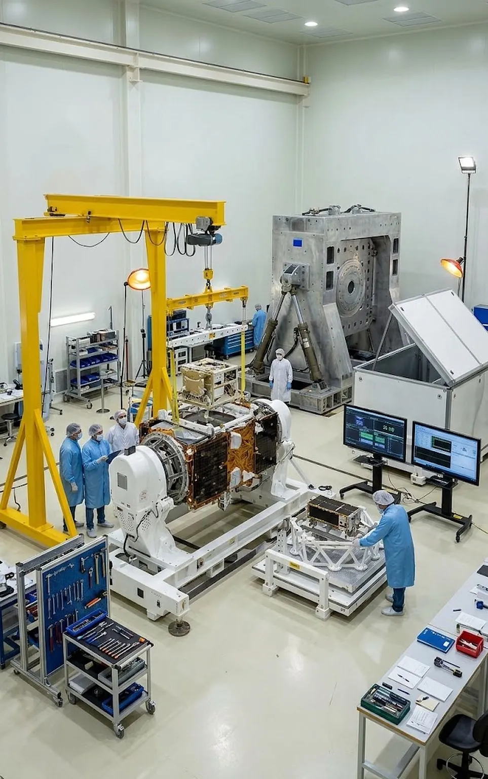 Satélite sobre su útil de integración en una sala limpia, con pórtico de izado y equipos de ensayo