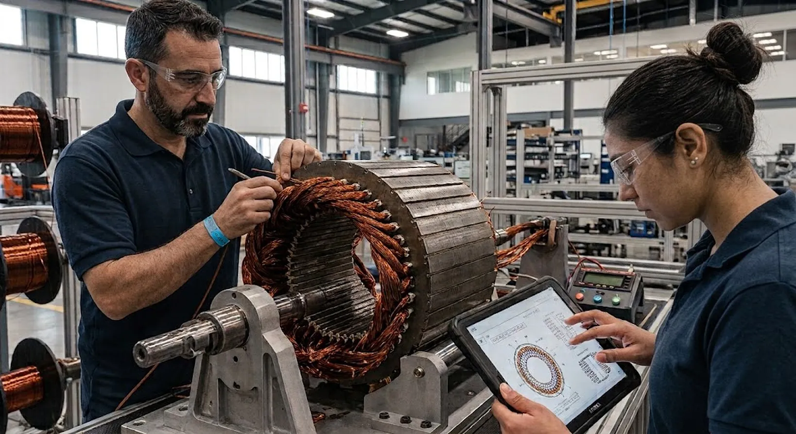 Técnicos bobinando y verificando el estátor de un motor eléctrico en el taller