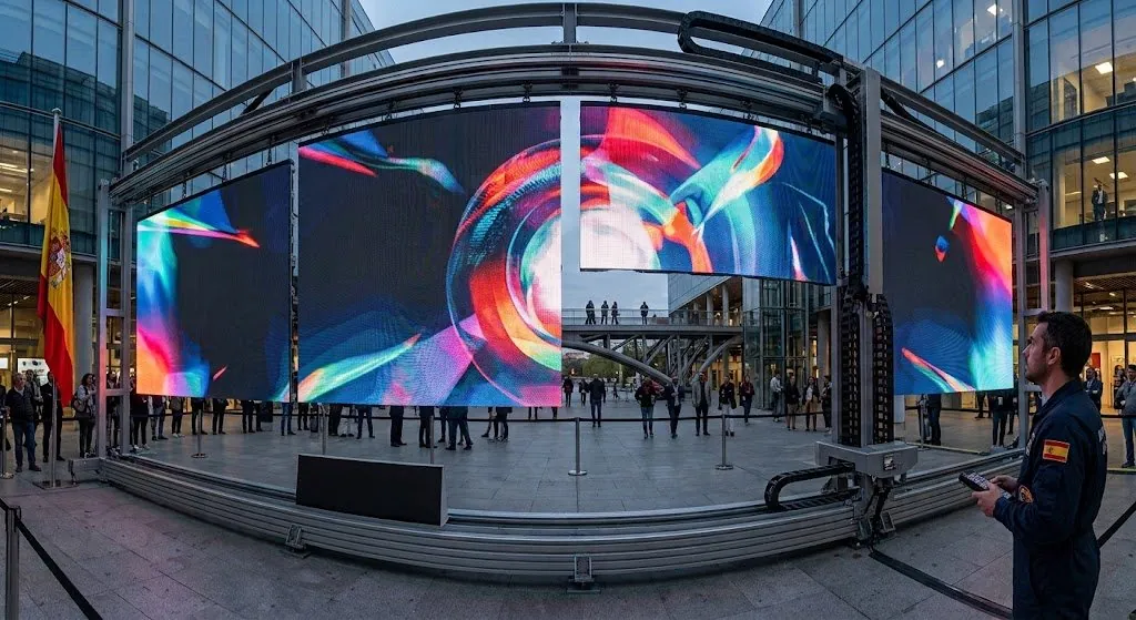 Estructura motorizada con cuatro pantallas LED en una plaza